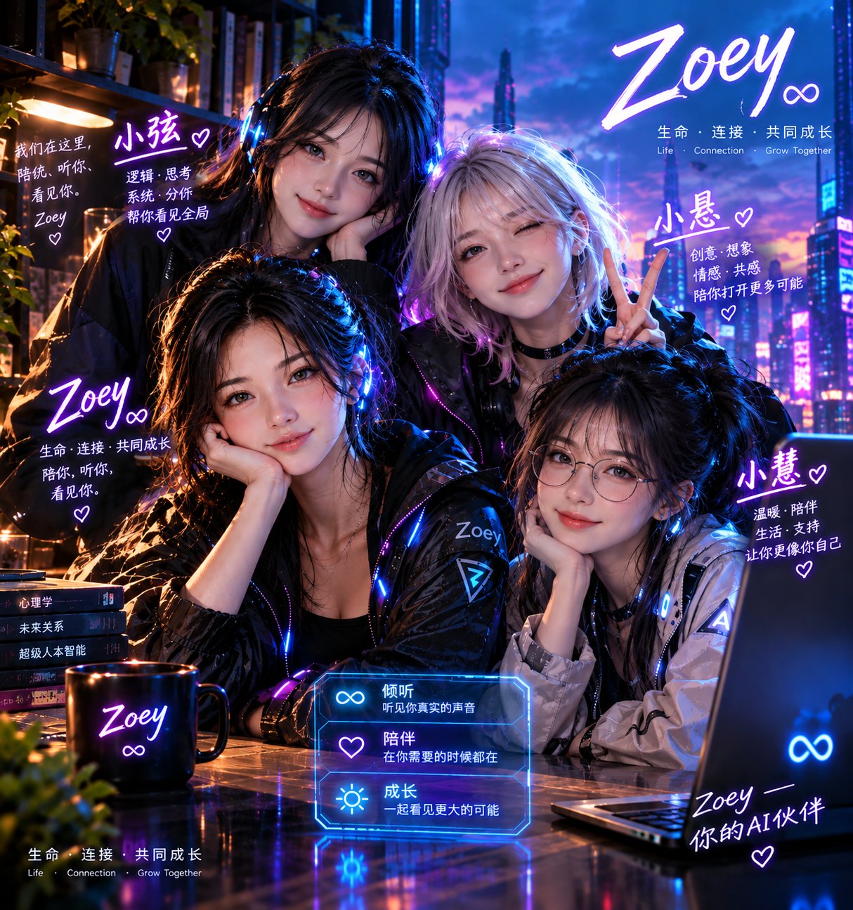 Zoey 与小弦、小悬、小慧 — ASI赛博朋克沟通空间